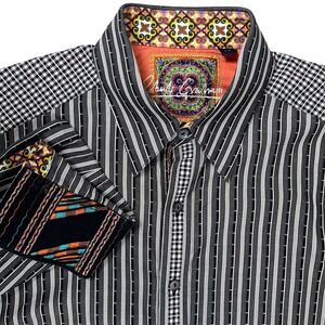 Robert Graham Button Up Shirt Mens Large Black Striped Contrast Flip Cuffs